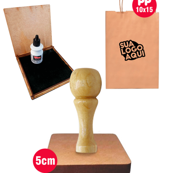 Carimbo Personalizado 5x5cm para sacola Kraft com Carimbeira e Tinta