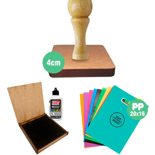 Carimbo Personalizado 4x4cm para Plástico com Carimbeira e Tinta