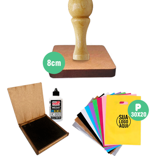 Carimbo Personalizado 8x8cm para Plástico com Carimbeira e Tinta